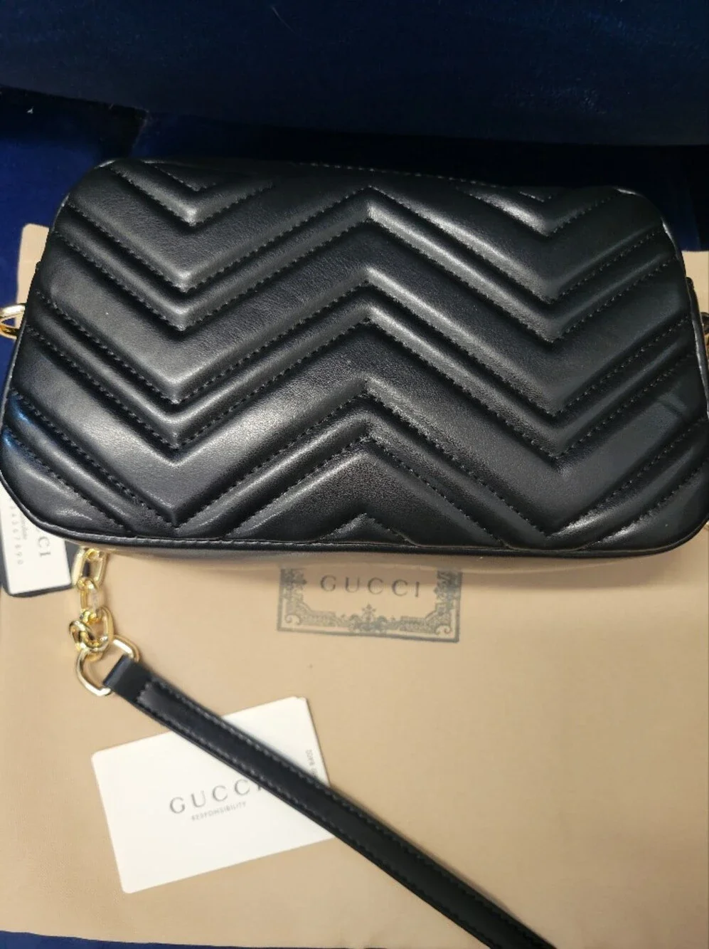 Black Chevron Matelassé Leather Crossbody with Gold Double G