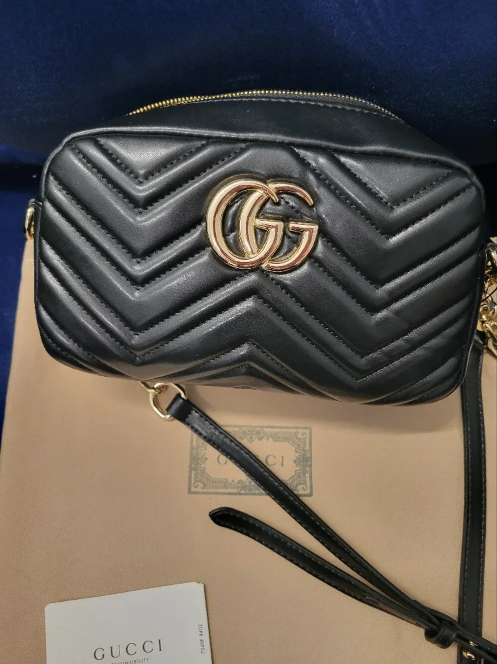 Black Chevron Matelassé Leather Crossbody with Gold Double G