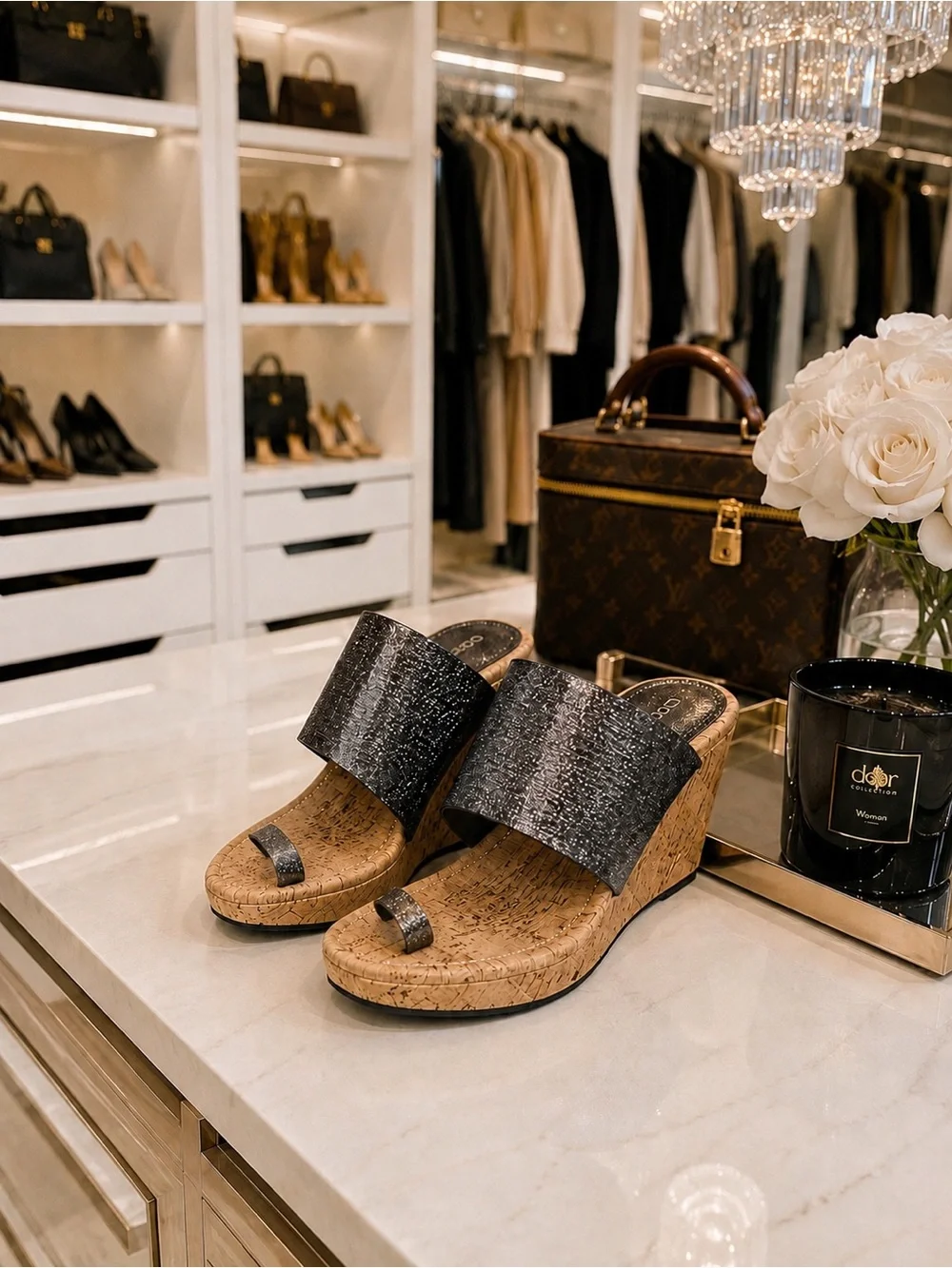 Donald J. Pliner Gray Glitter Patent Textured Cork Wedge Sandals