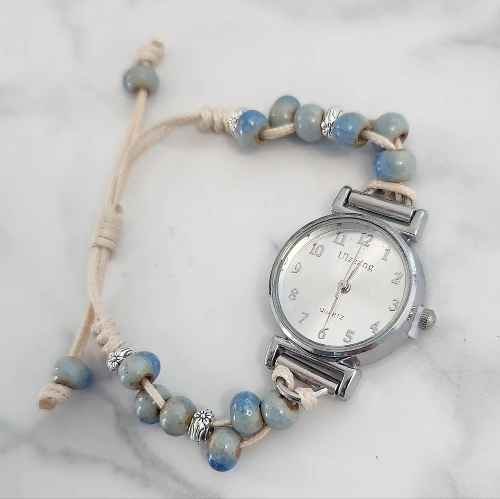 New Ceramic Silver Dial Beaded Watch With Wax Rope