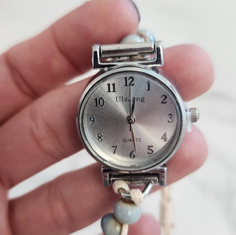New Ceramic Silver Dial Beaded Watch With Wax Rope