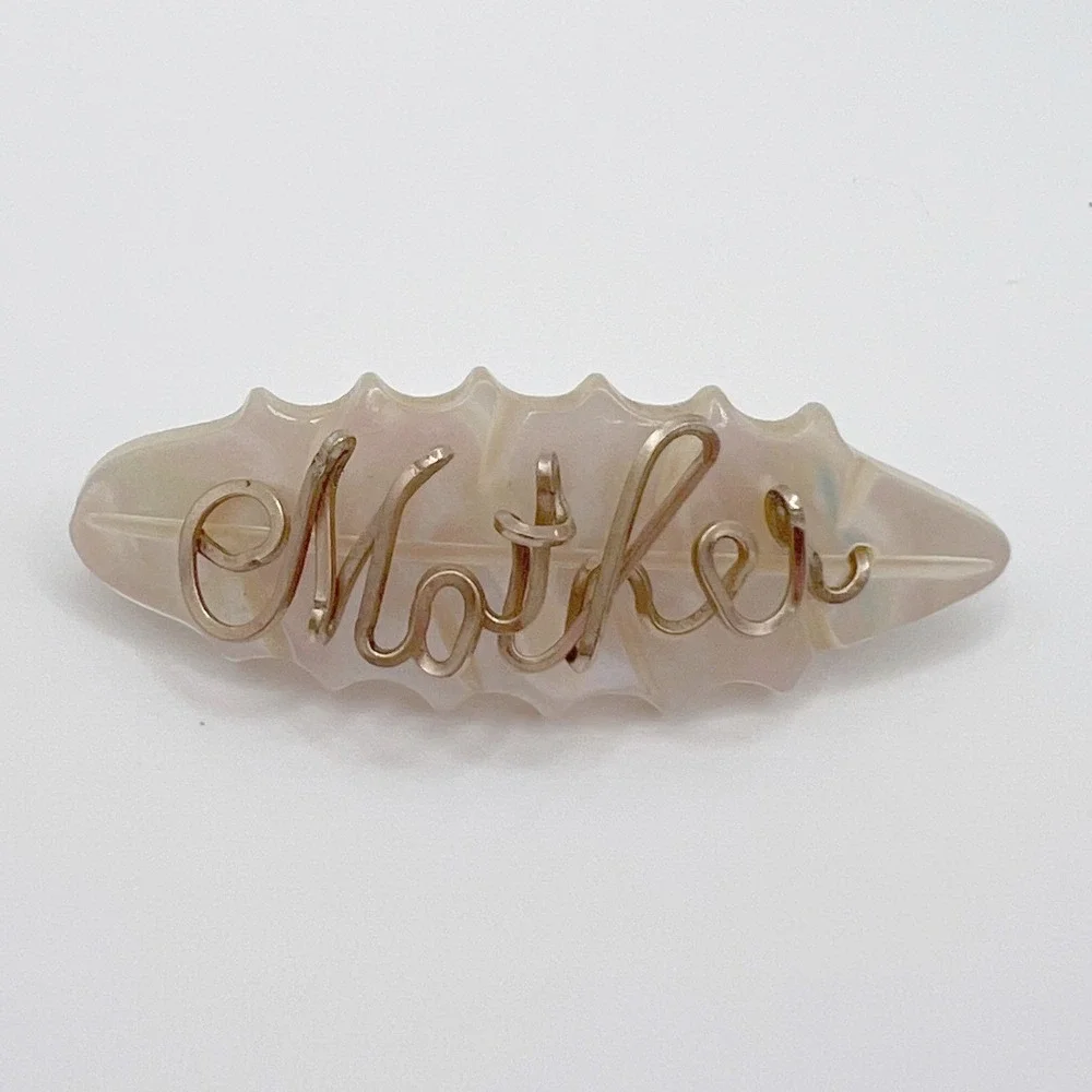Vintage WWII Era Mother of Pearl Sweetheart Brooch Gold Tone Wire Script Mother