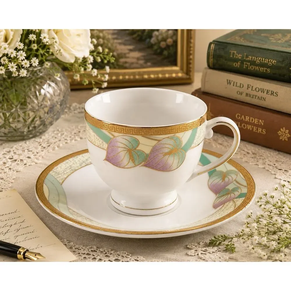 Casati Bavaria Germany Fine Porcelain Cup & Saucer Gold Trim Leaf Pattern Set