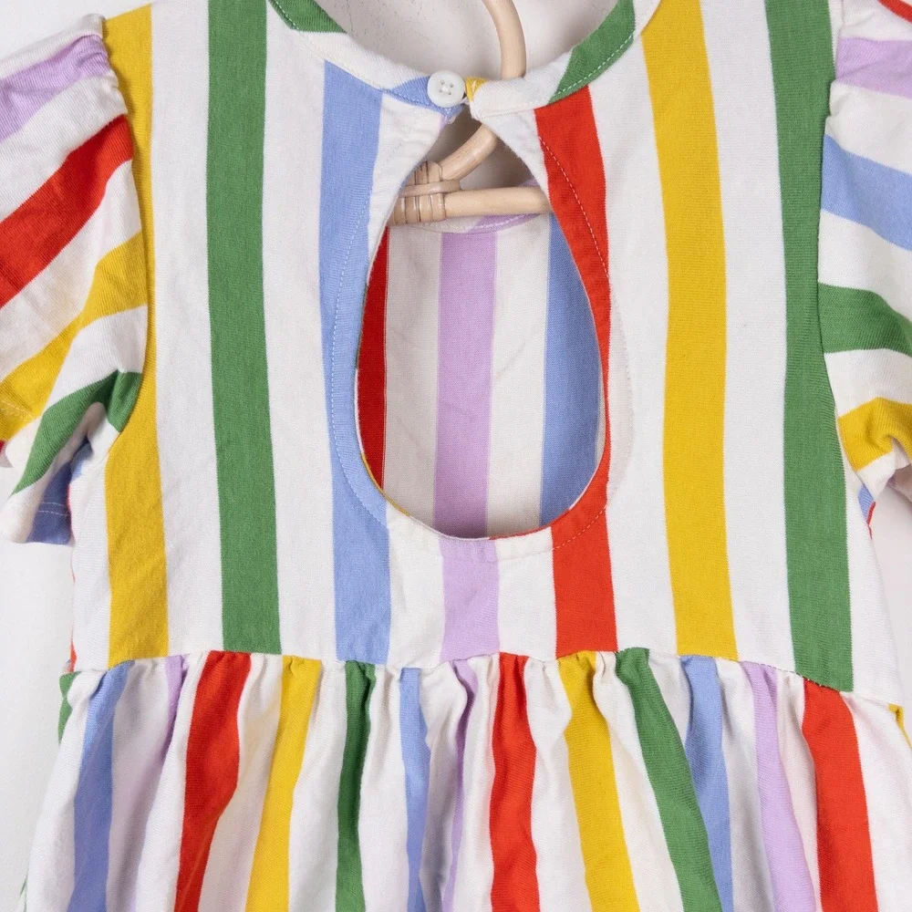 Hanna Andersson Dress Rainbow Stripe Pocket Keyhole Back Kids US 4