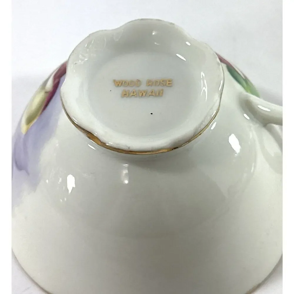 Vintage Wood Rose Hawaii Tea Cup & Saucer Hand Painted Floral Gold Trim Japan