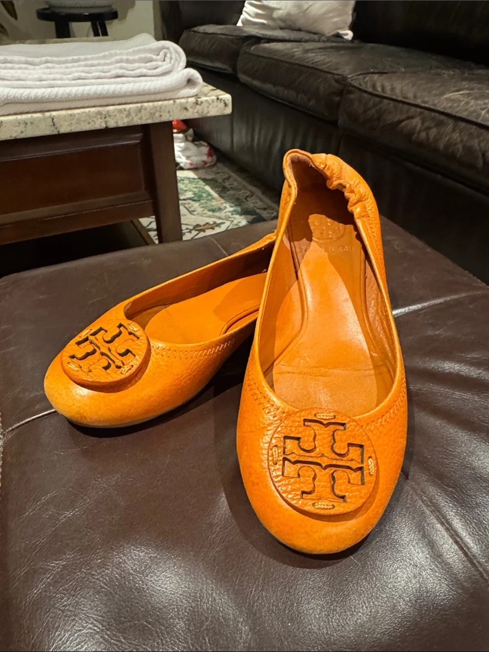 Tory Burch Bright Orange Leather Logo Ballet Flats