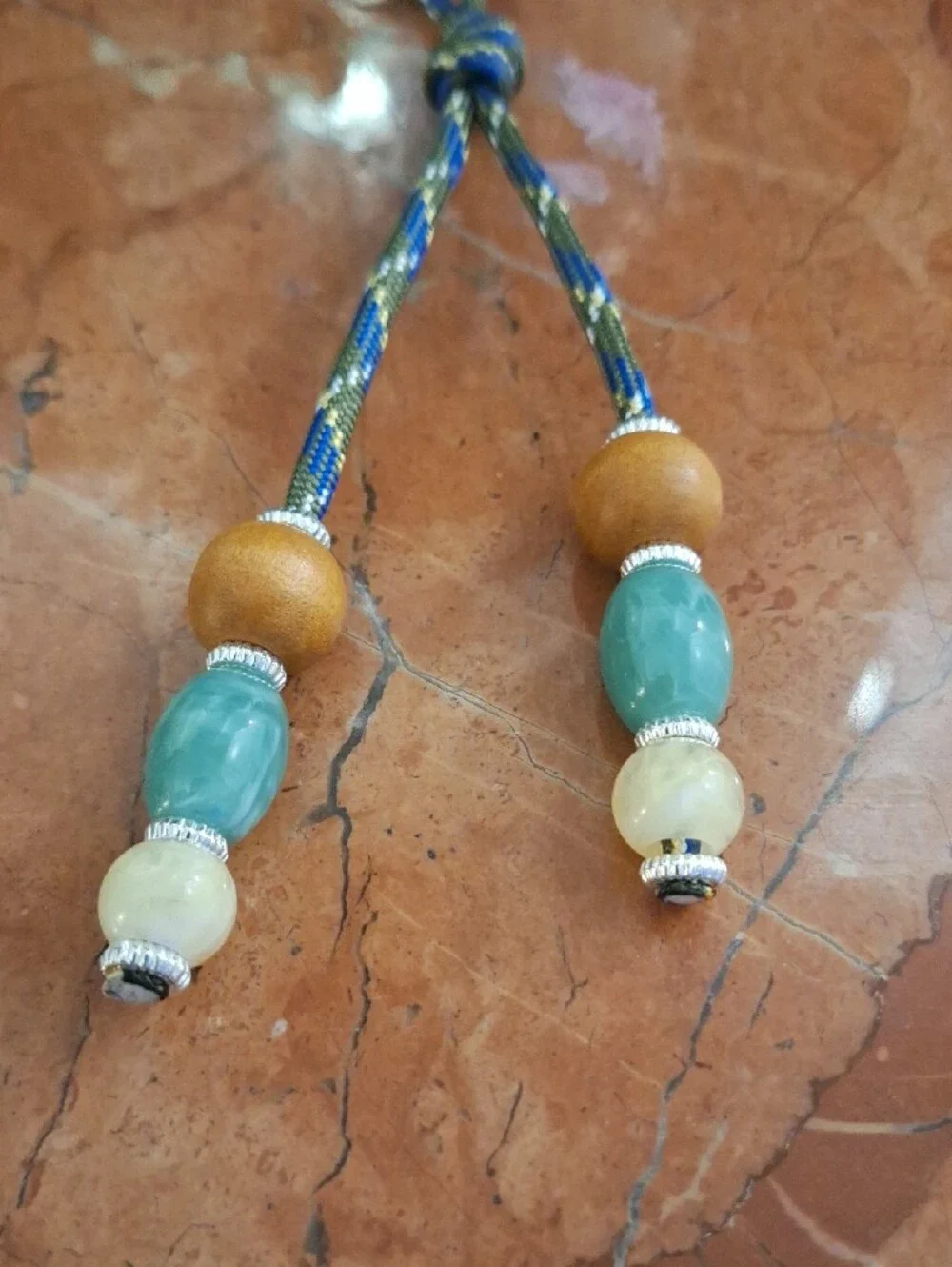 Beaded Tassel Keychain Bag Charm with Lotus Charm - Teal, Wood & Cream