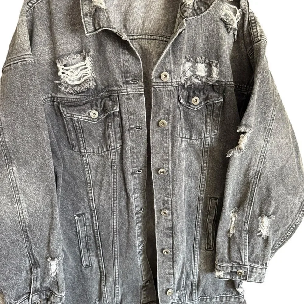 Fashion Nova Oversized Distressed Light Black Denim Jacket Size XL Streetwear