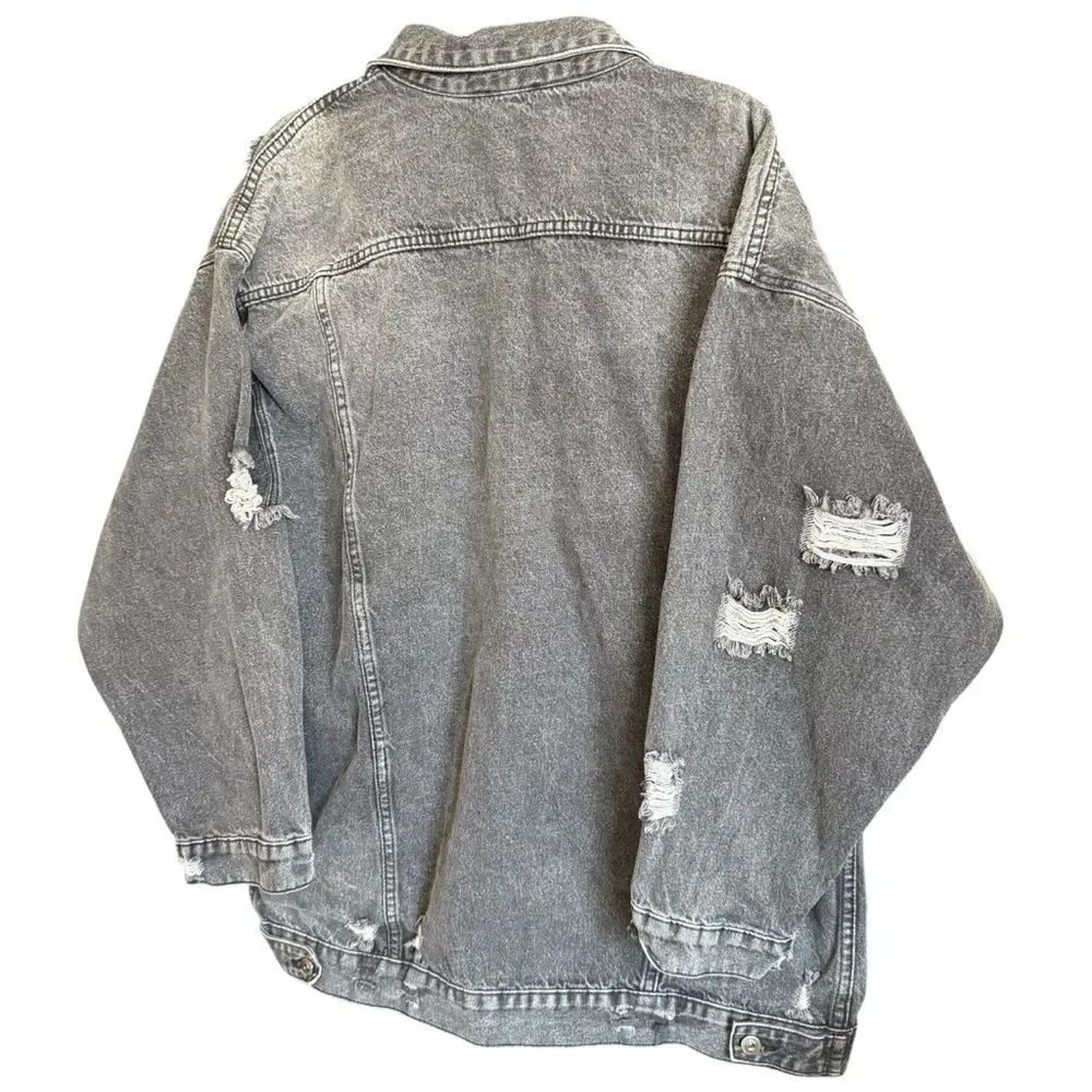 Fashion Nova Oversized Distressed Light Black Denim Jacket Size XL Streetwear
