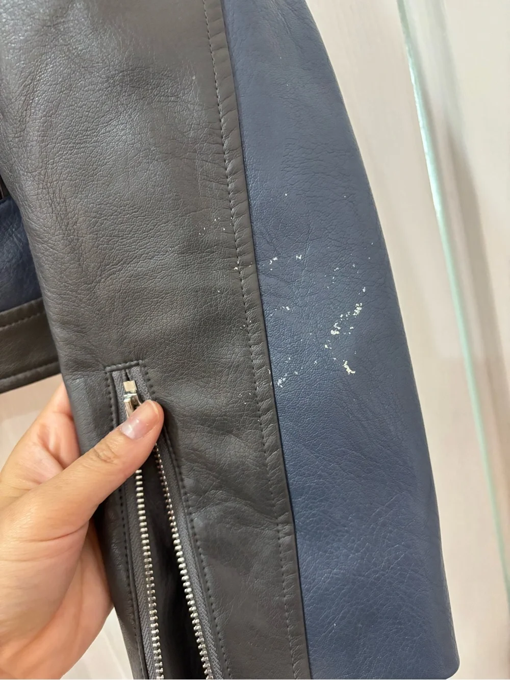 Two-Tone Navy & Grey Leather Jacket - Men