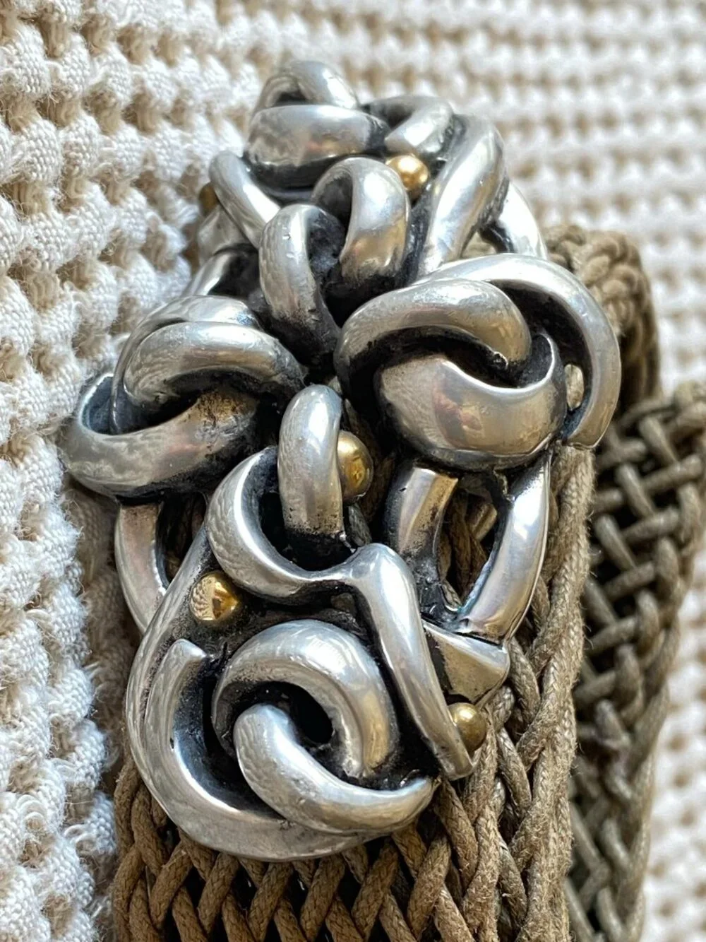 VTG Connie Bates Fahrenheit NY Anemone Belt Woven Mesh Linen Swirl Pewter Brass