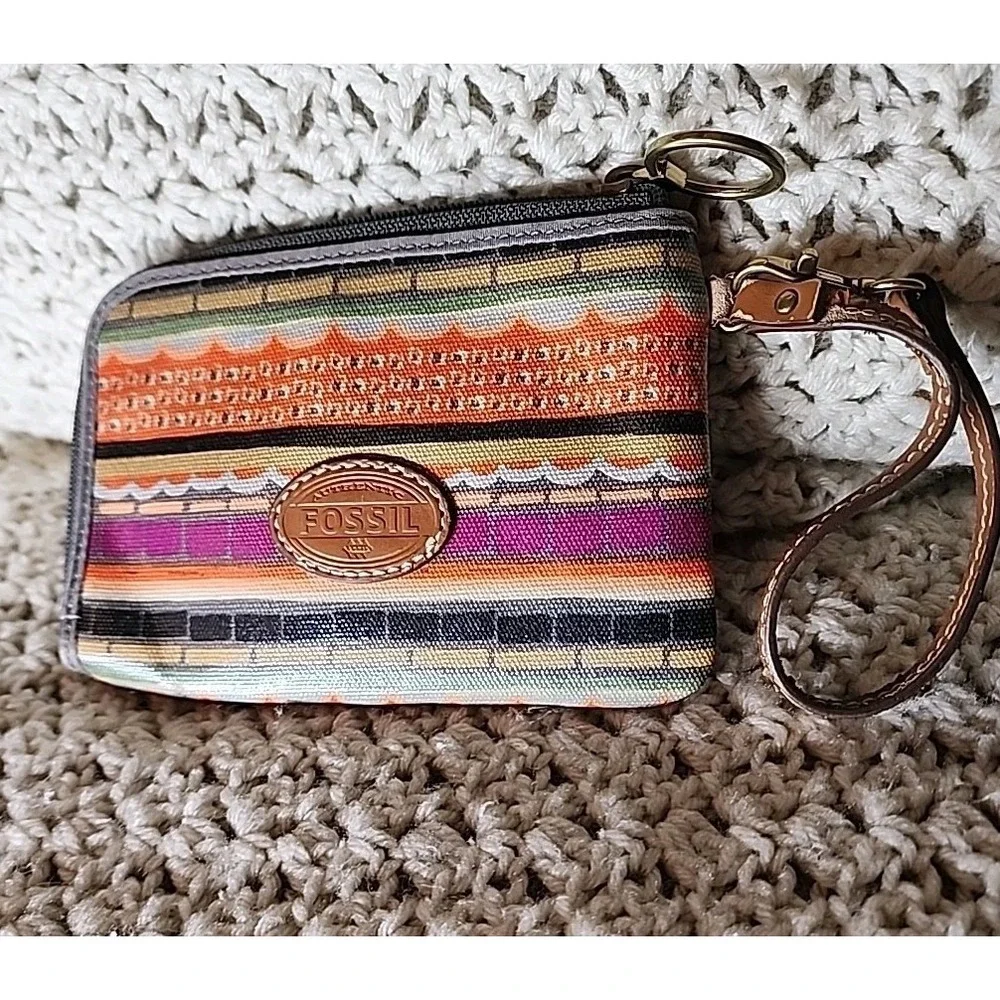 Fossil Keyper Wristlet Striped Multicolor Zip Pouch Wallet