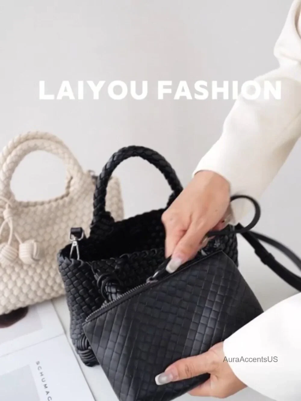 Faux Leather Woven Tote Bag with Coin Purse, Foldable Crossbody Handbag