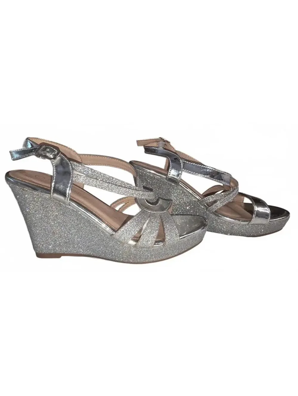 Forever Silver Glitter Wedge Sandals with Ankle Strap ~ size 7