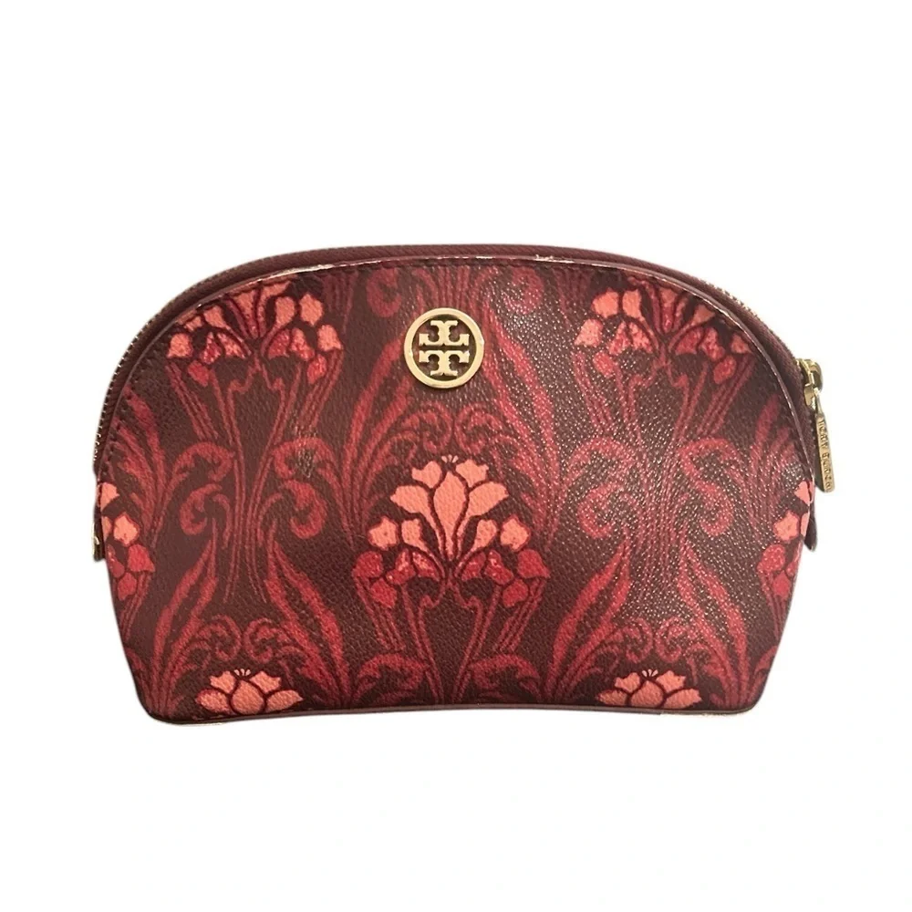 Tory Burch Floral Robinson Leather Make Up Travel T Logo Cosmetic Zip Case