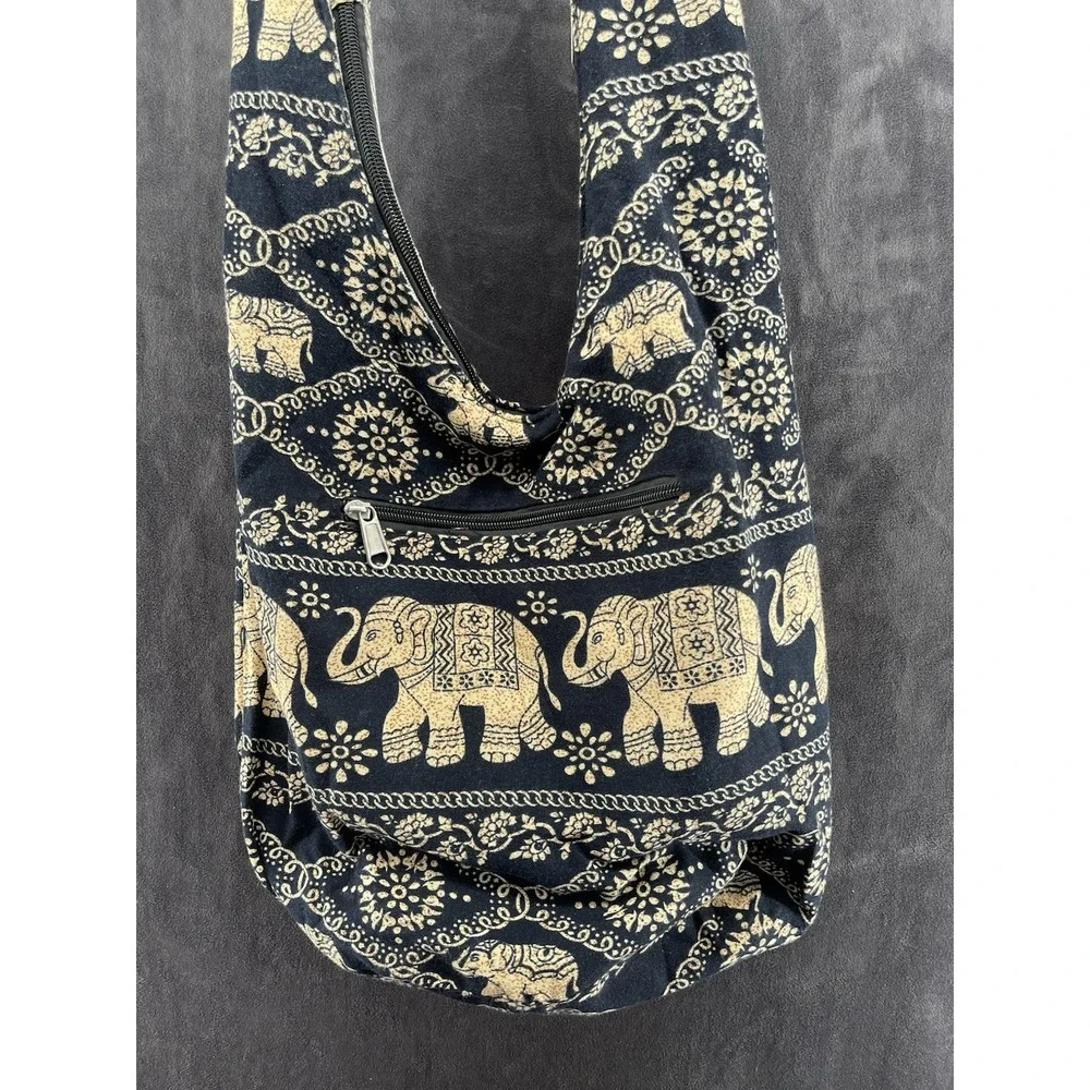 Boho Elephant Print Crossbody Sling Hobo Bag Cotton Black Beige Zip Pockets