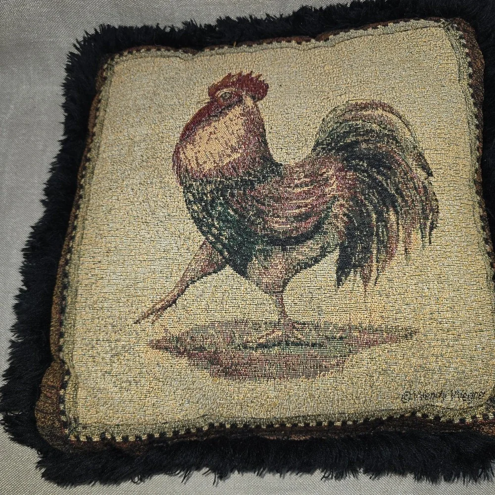 Vintage Borgata Wendy Wegner Tapestry black fringe Rooster Throw Pillow 16