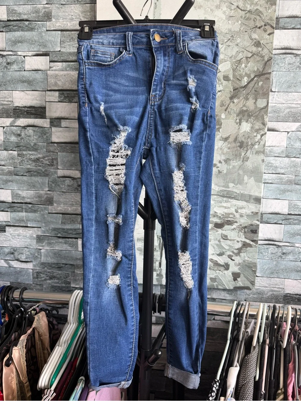 SHEIN Distressed Dark Blue Kids Skinny Jeans
