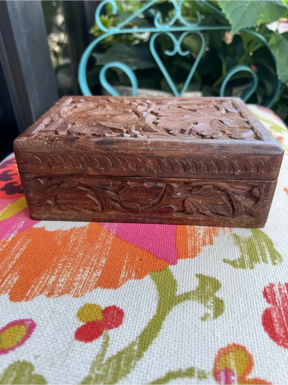 Vintage Hand Carved Indian Sheesham Wood Trinket Jewelry Box Floral Keepsake