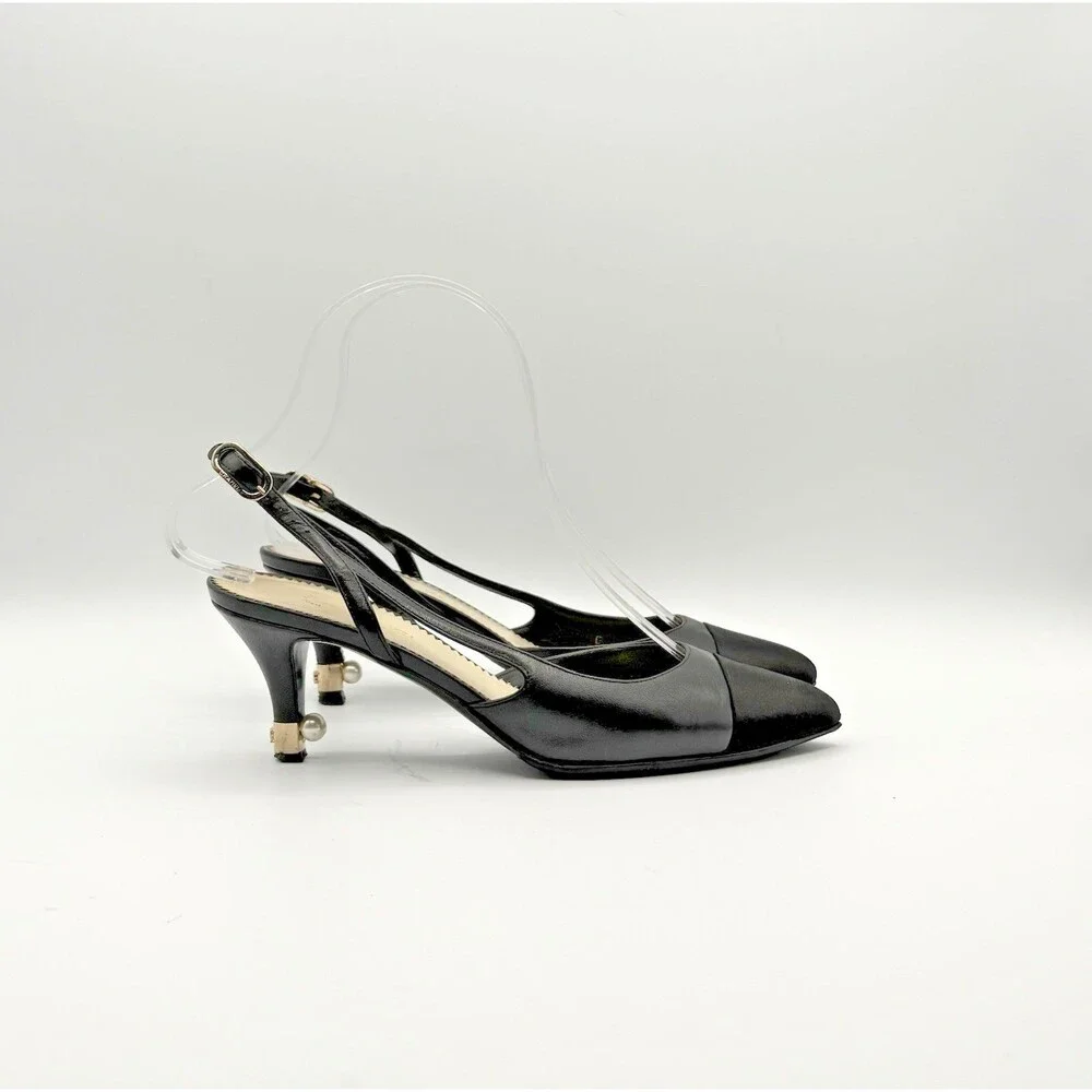 Chanel Black Slingback Heels w/ Pearl Accent Cap Toe Pointed Toe Size EU 36