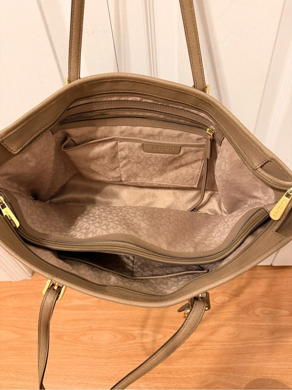 Michael Kors Beige Taupe Saffiano Leather Tote with Gold Hardware