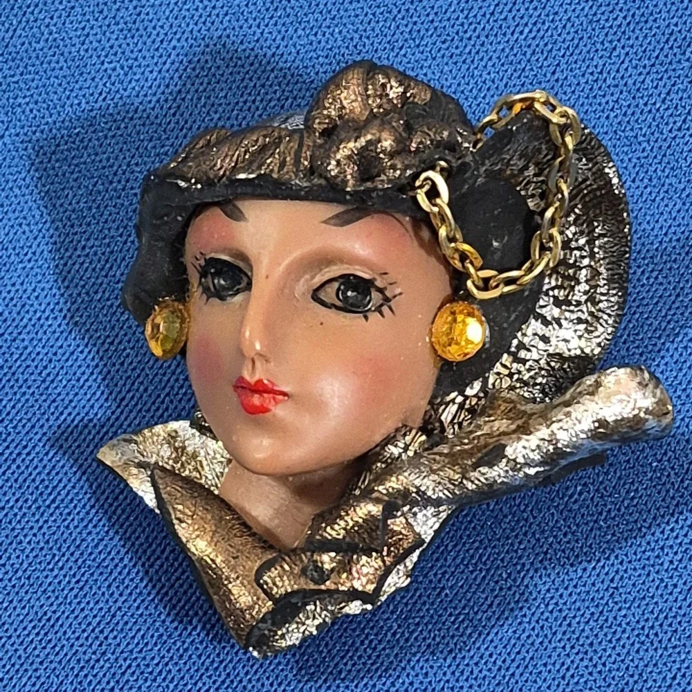VTG Hand Painted Art Deco Lady Brooch Pin 2