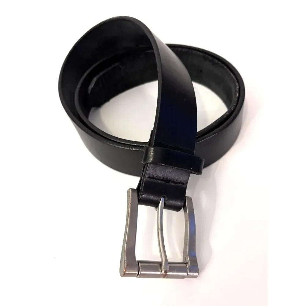 LL Bean Black Leather Belt Silver Buckle 34 1.25