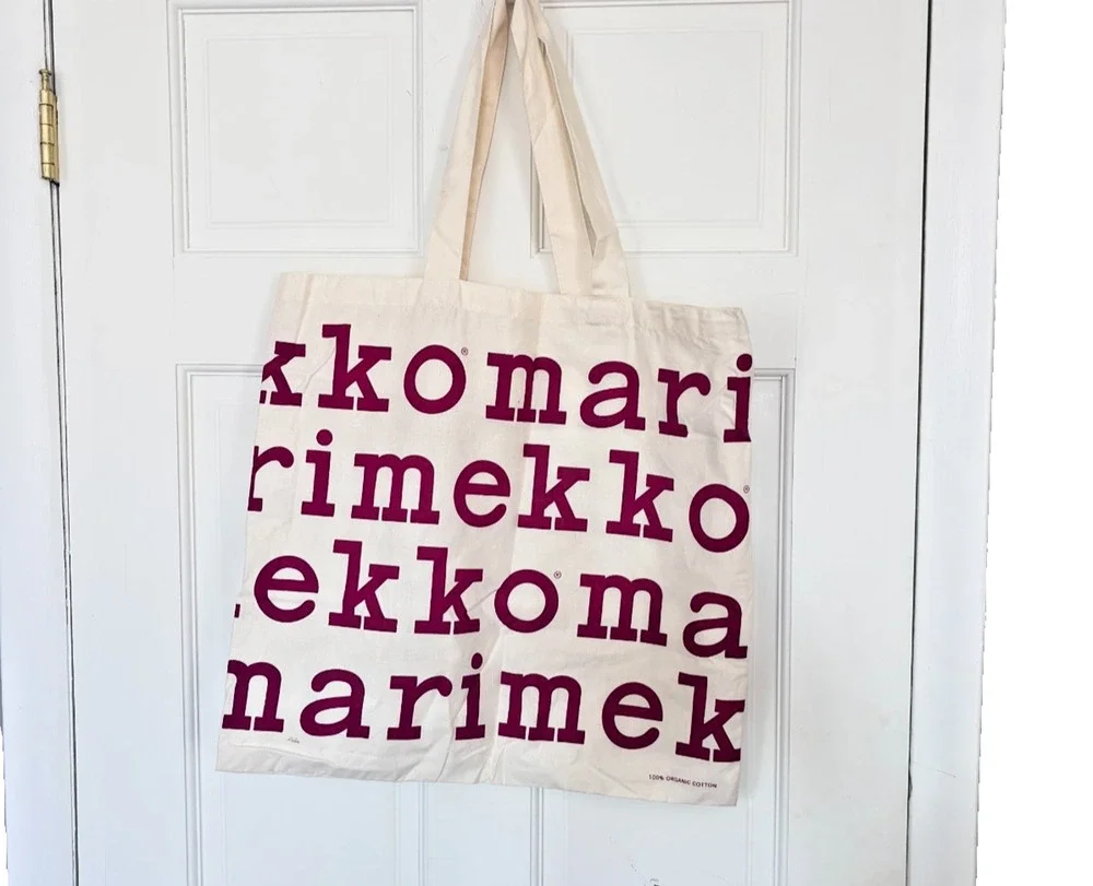 Marimekko Organic Cotton Canvas Tote Bag Cream Plum Magenta Logo Print