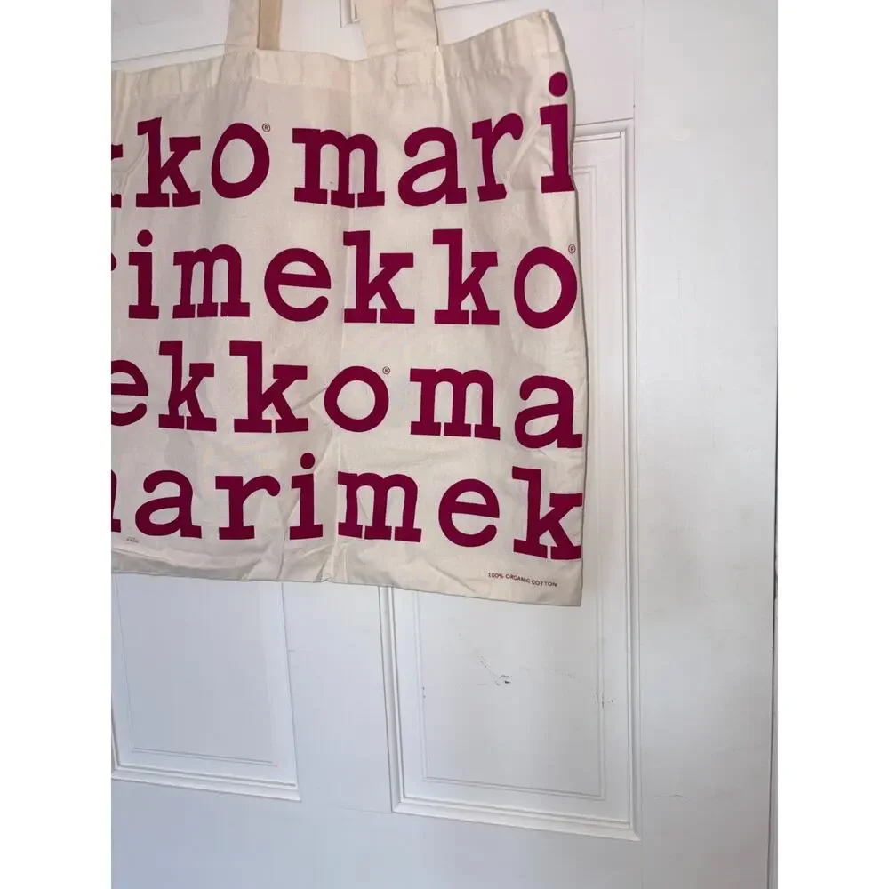 Marimekko Organic Cotton Canvas Tote Bag Cream Plum Magenta Logo Print