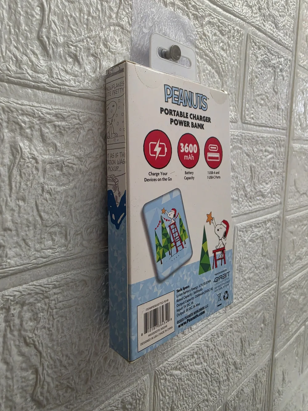 Peanuts Snoopy Power Bank 3600mAh USB-C USB-A Holiday 75th Anniversary Charger