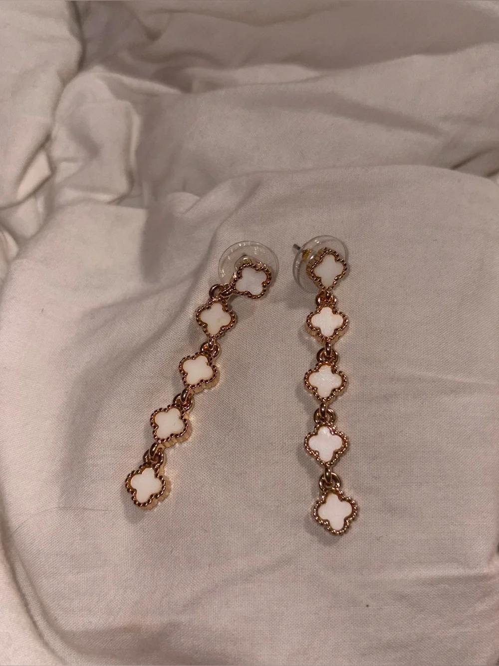 Gold Tone Clover Drop Earrings White Four Leaf Motif Dangle Accessory