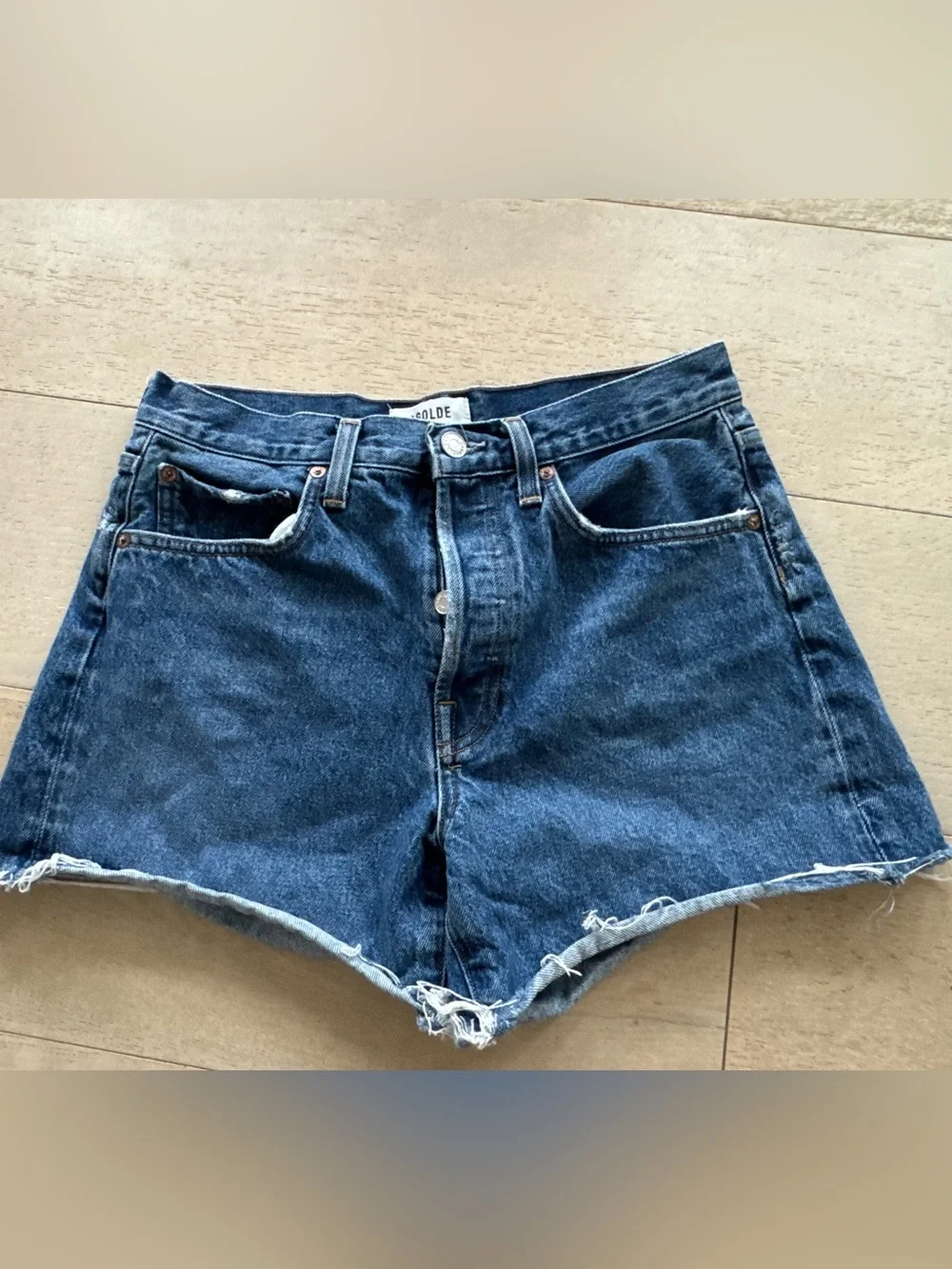 AGOLDE Parker Long Denim Shorts Women’s Size 26 High Rise Button Fly Medium dark