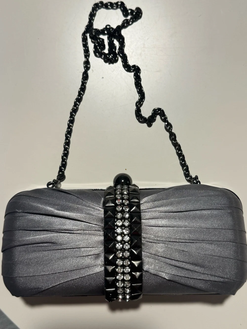 Aria Gunmetal Satin Evening Clutch with Chain