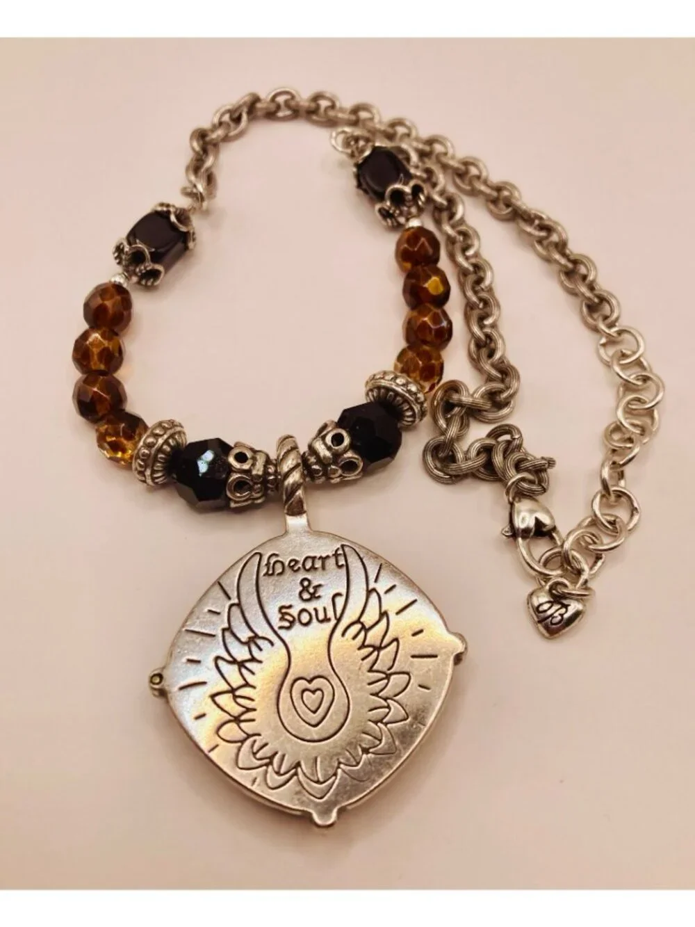 Brighton Black Onyx Brown Beaded Fleur De Lis Pendant Necklace -40B