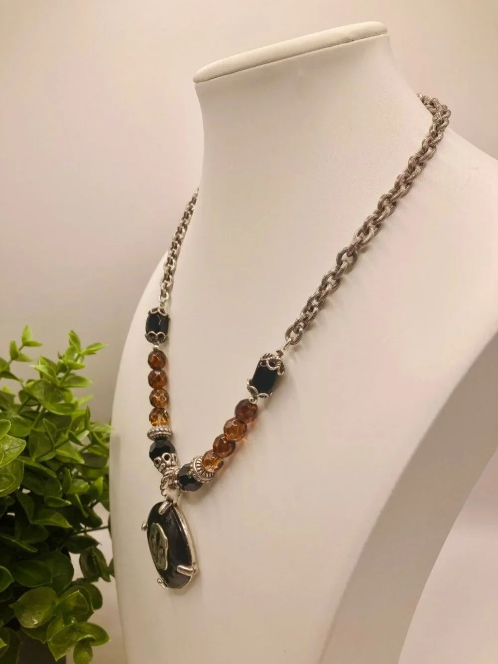 Brighton Black Onyx Brown Beaded Fleur De Lis Pendant Necklace -40B