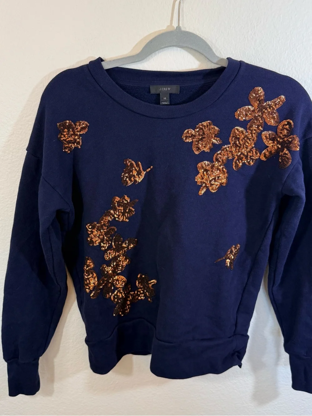 J. CREW Navy Sweatshirt with Gold Sequin Floral Appliqué