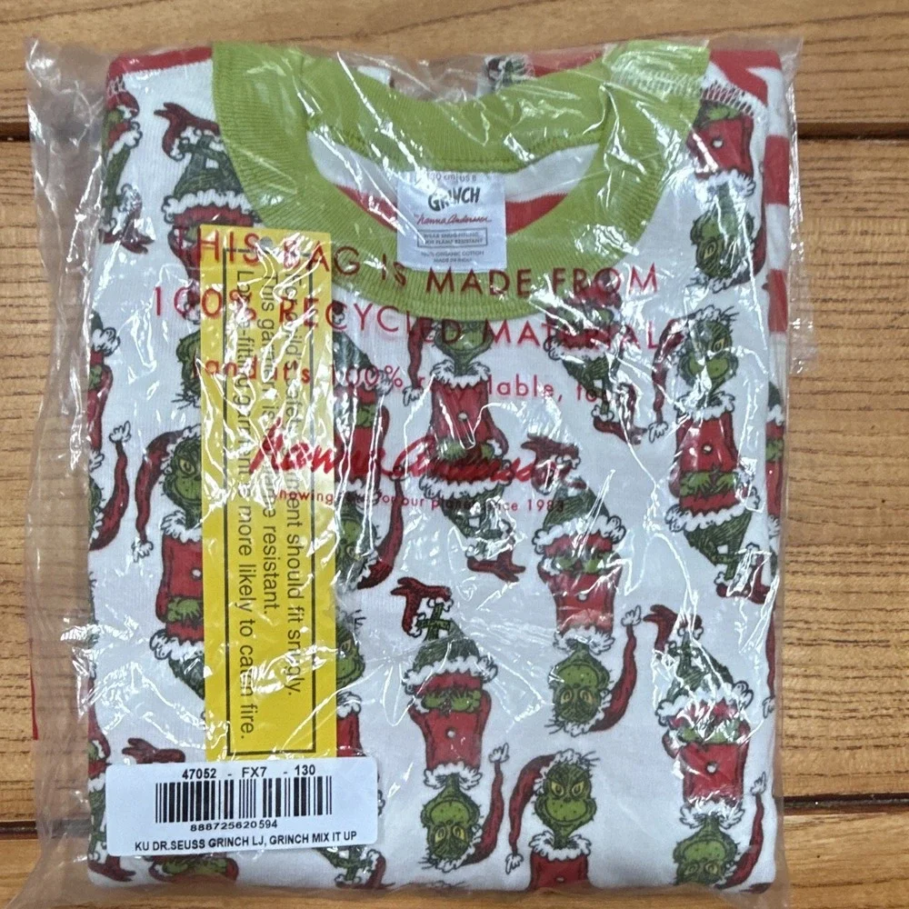 Hanna Andersson Grinch Dr. Seuss 2Pc Organic Cotton Snug Fit Pajama Set 8 130cm