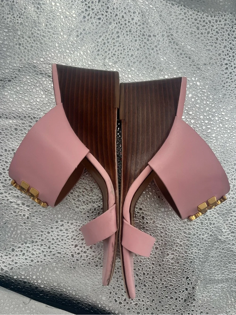 Tory Burch Pink Leather Gold Logo Block Heel Mules Size 5