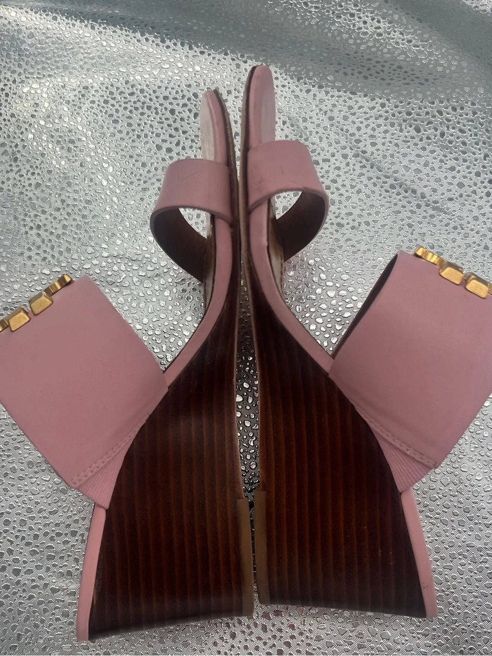 Tory Burch Pink Leather Gold Logo Block Heel Mules Size 5