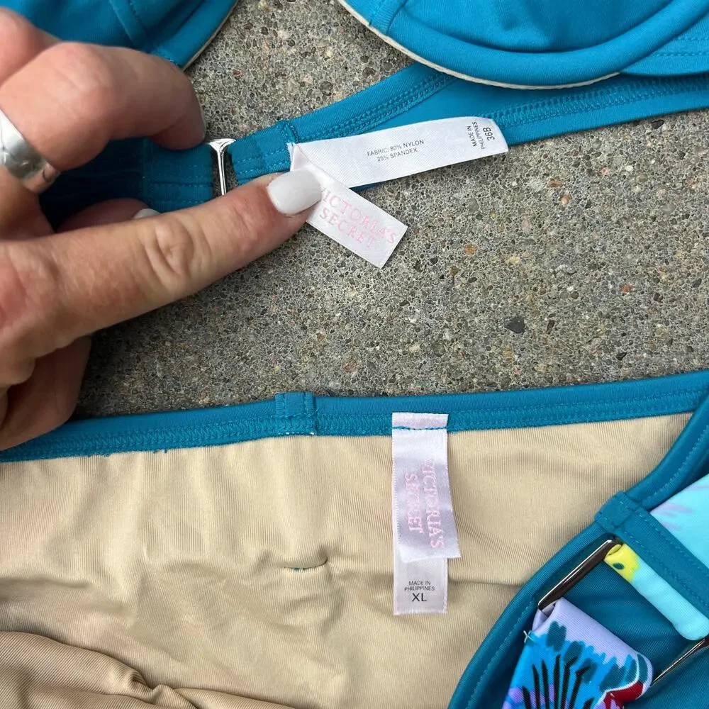 Vintage Y2K Victoria's Secret XL 4 FOUR PIECE Swim Triangle Bikini Set w Skirt