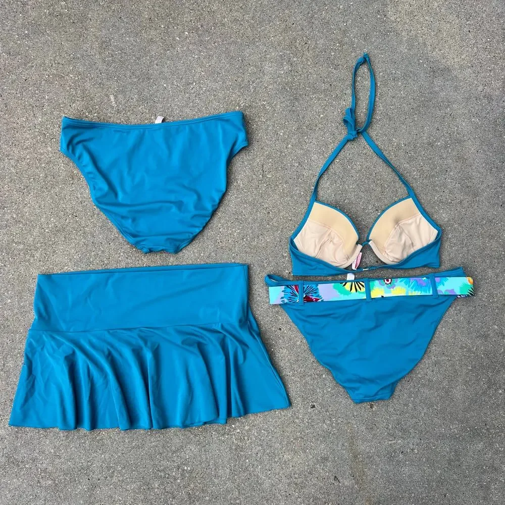 Vintage Y2K Victoria's Secret XL 4 FOUR PIECE Swim Triangle Bikini Set w Skirt