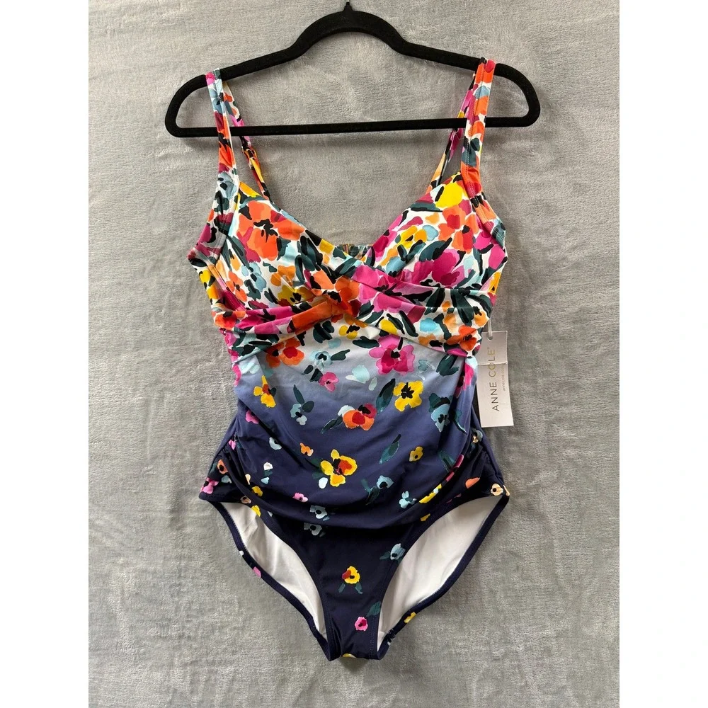 Anne Cole Womens Floral Ombre Twist Front Ruched One Piece Swimsuit Sz 10 $118