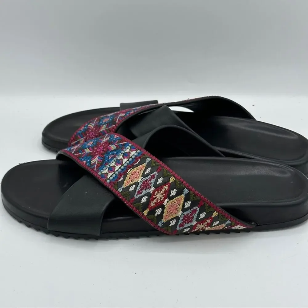 JOHNNY WAS Breatriz Embroidered Criss Cross Slide Sandal Black Sz 40/10
