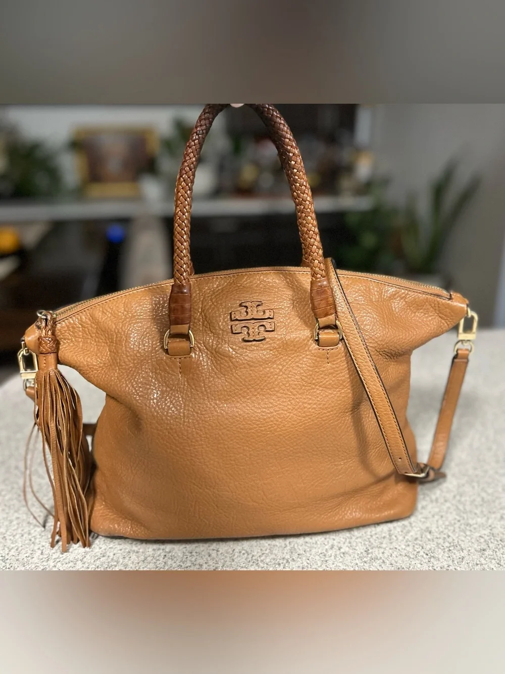 TORY BURCH Taylor Satchel Cognac Braided-Handle Leather Tote