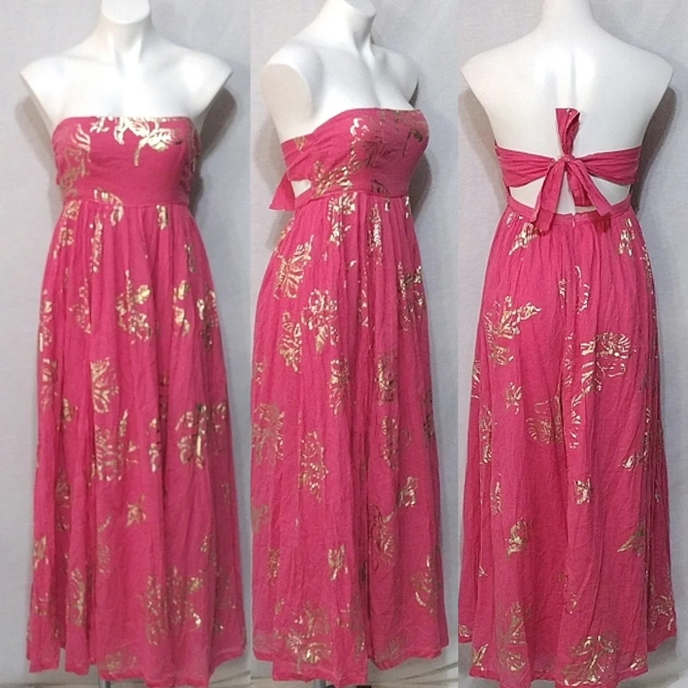 NWT Free People Strapless Metallic Floral Maxi Dress XS Open Back Tie Resort