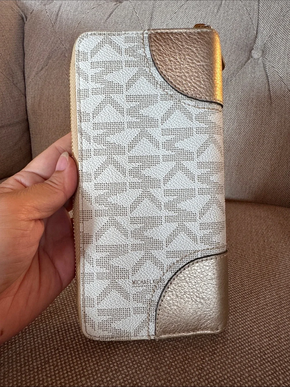 Michael Kors Cream Monogram Zip Wallet with Gold Accents