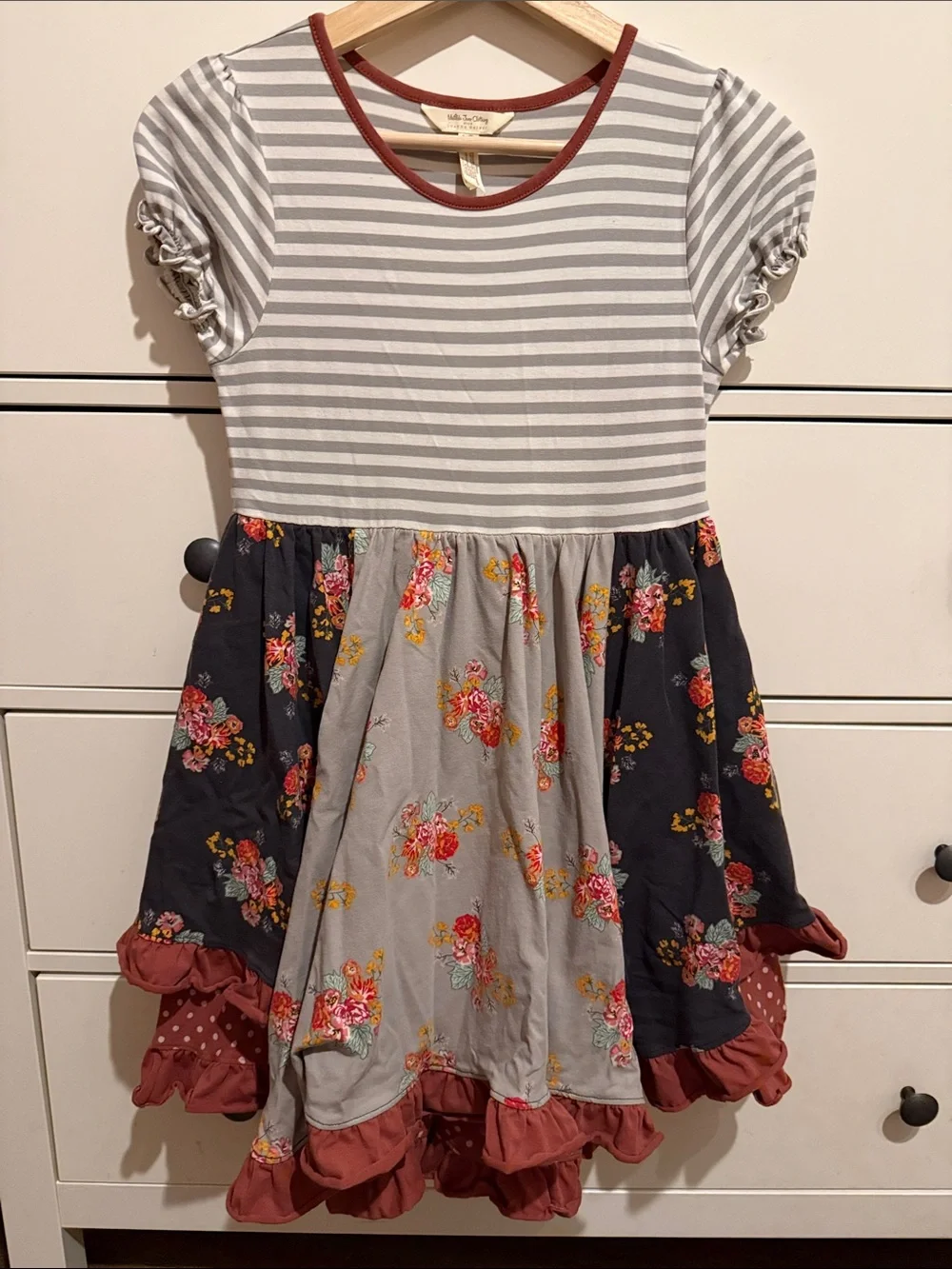 Matilda Jane Striped Bodice Floral Patchwork Dress in Gray, Navy and Rust
