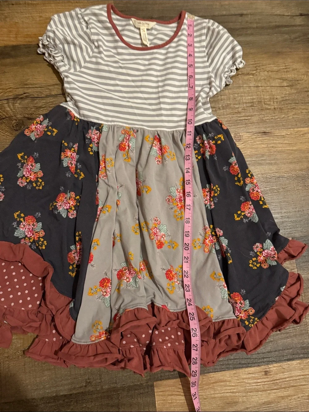 Matilda Jane Striped Bodice Floral Patchwork Dress in Gray, Navy and Rust