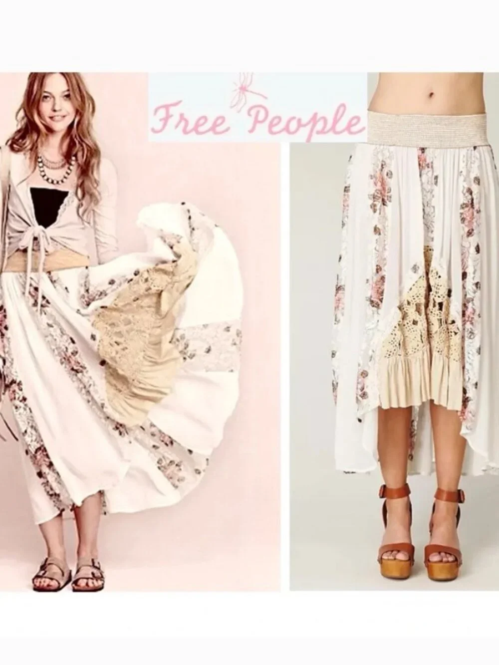 Free People White Godet Floral Print Lace Hi-Low Maxi Skirt