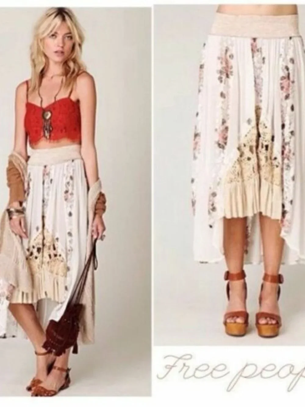 Free People White Godet Floral Print Lace Hi-Low Maxi Skirt